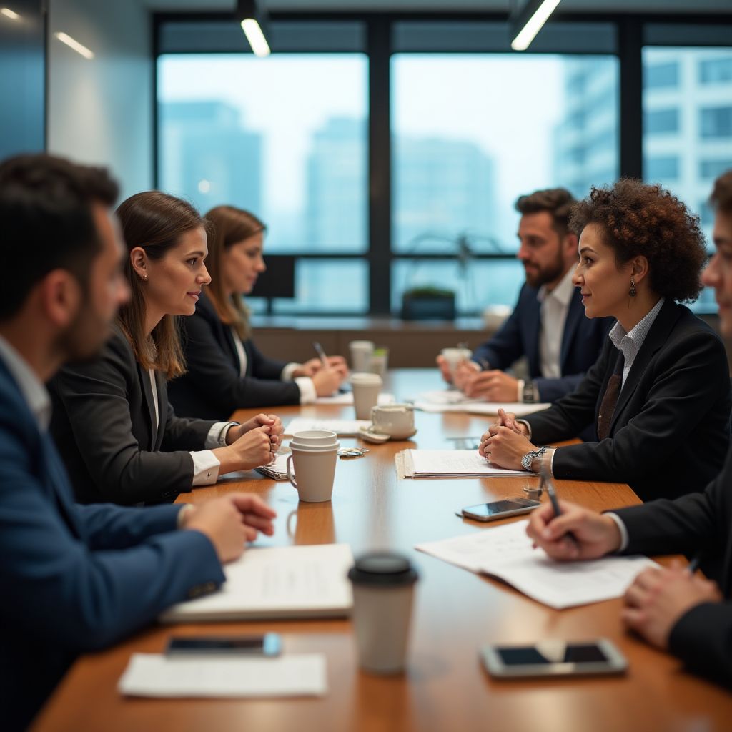 Equipo de consultores financieros en reunión estratégica