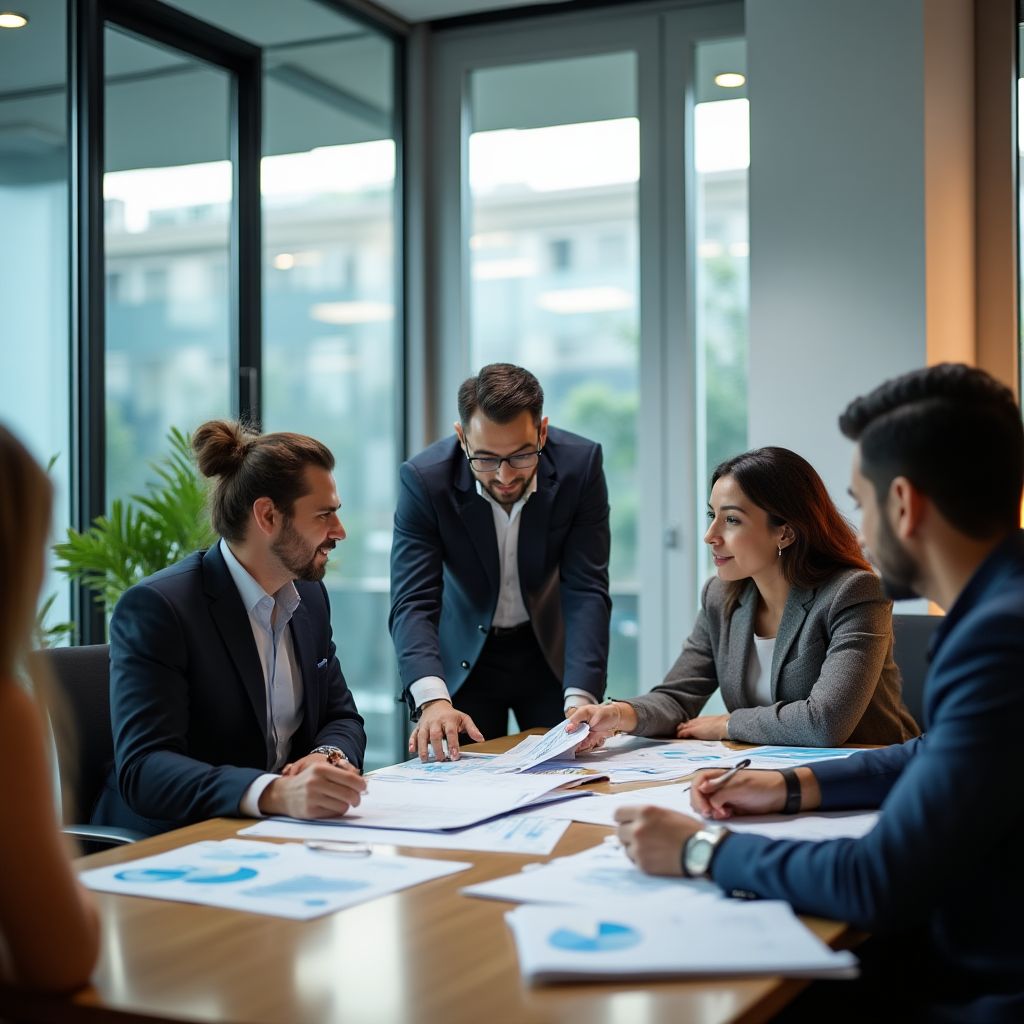Equipo de consultoría financiera en oficina moderna en Bogotá